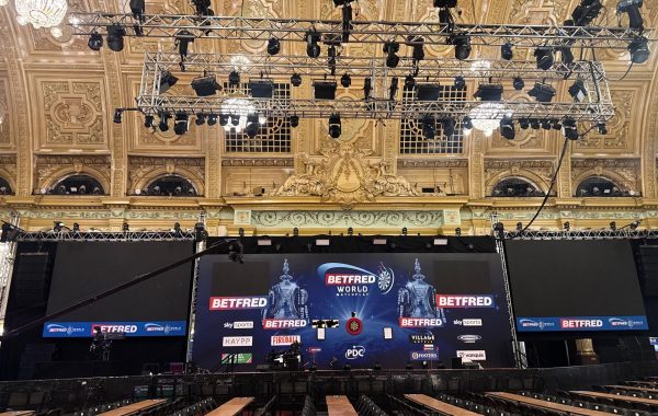 World Matchplay Darts rigging at the Empress Ballroom, showing the main stage and the rigging from the ceiling